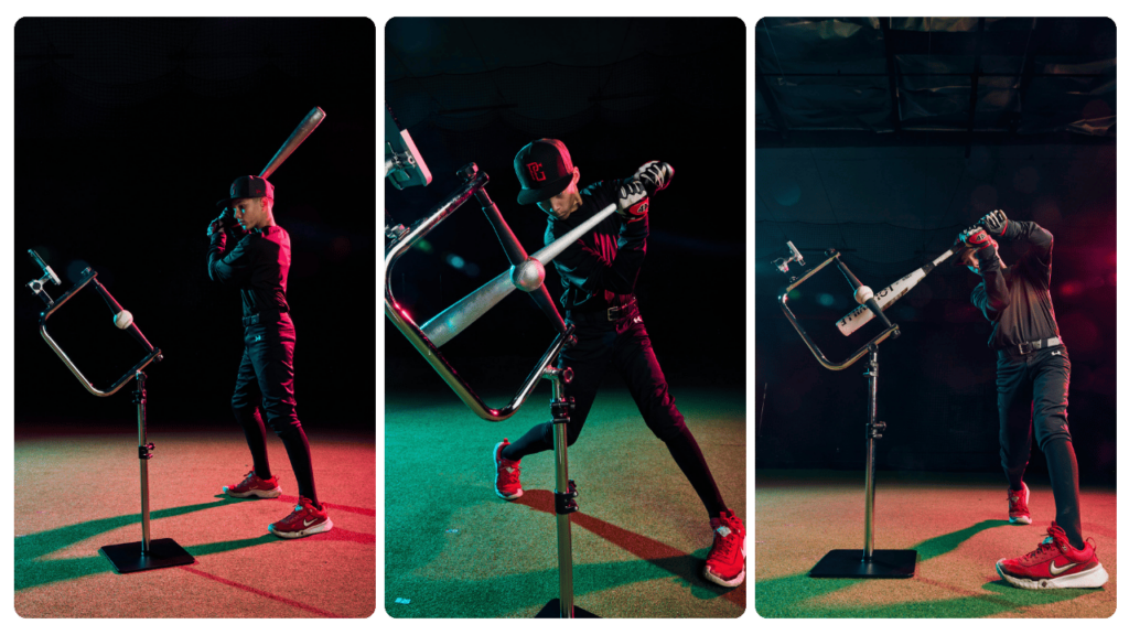 Young athlete practicing with the best batting tee for 6-year-old players, showing stance, swing, and follow-through using adjustable height and stable base.