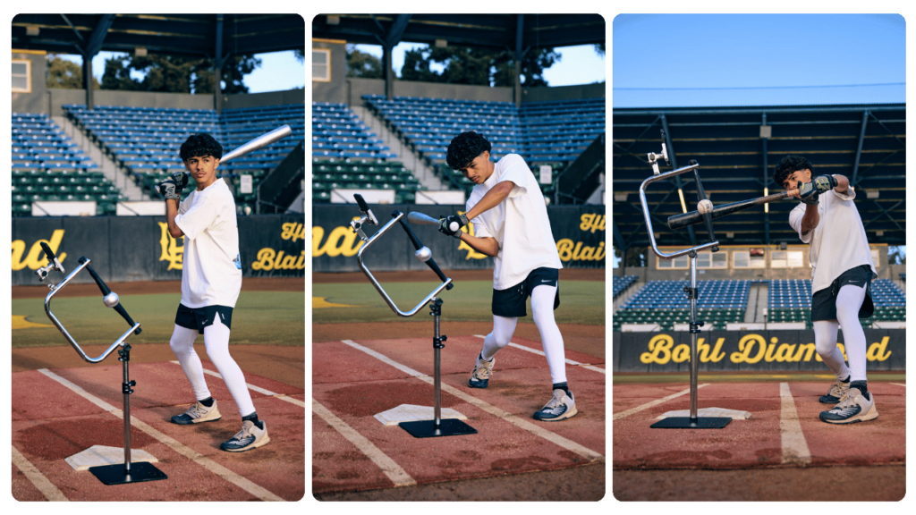 Teen baseball player training with the best batting tee for high school players, practicing multiple swing angles for improved bat control and contact consistency.