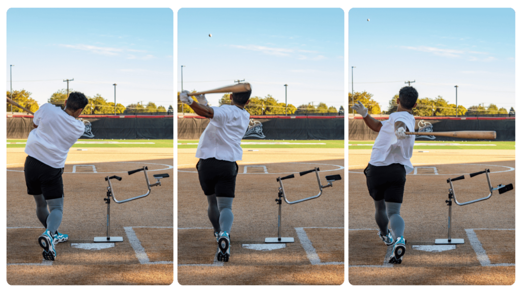 Athlete perfecting swing technique with batting tee for youth development in baseball, designed for consistent contact and strength building.