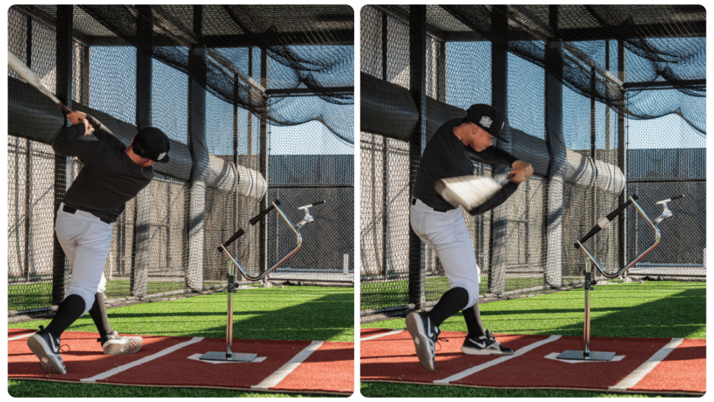 High school baseball player practicing swing with the best batting tee for high school players, featuring pro-level stability and bat-path training.