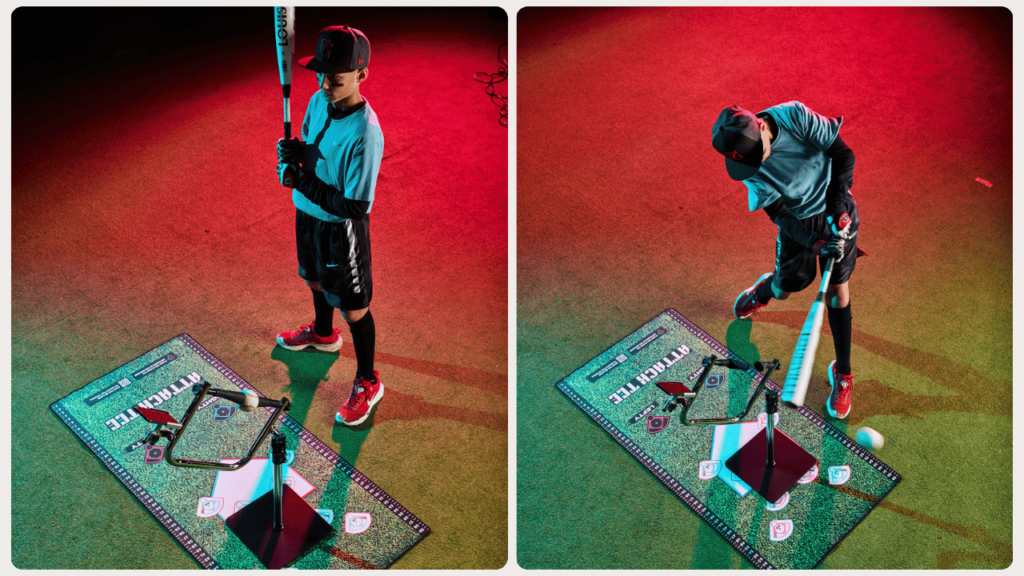Young athlete practicing with the best batting tee for young baseball players, using an Attack Tee and strike zone mat to refine swing accuracy and contact points.