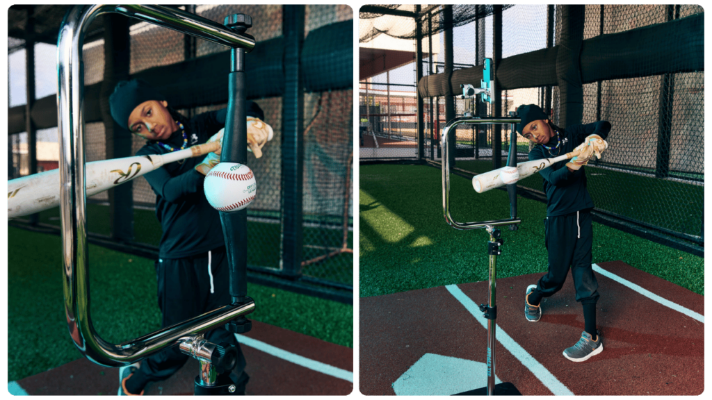Full-body view of a young athlete practicing with training tools for young baseball players on an indoor batting tee setup.