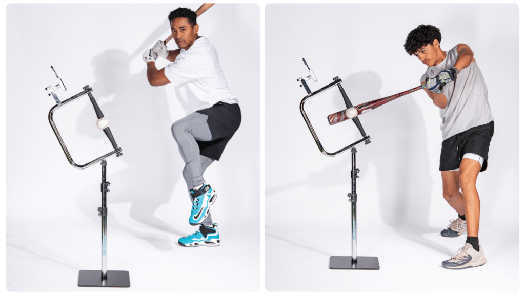 Two baseball players training with the Attack Tee, demonstrating high-leg load stance and mid-swing contact, showcasing the best baseball tee for 14-year-old players to improve swing mechanics and hitting consistency