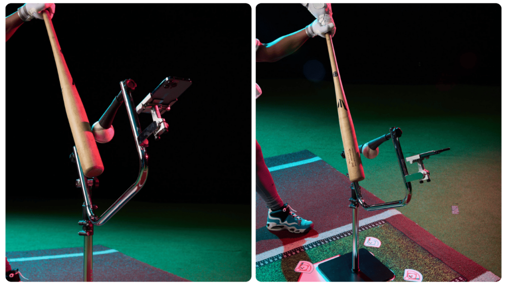 Close-up of the best batting tee for 6-year-old players with smart app integration, showing bat contact setup and strike zone alignment for youth training.