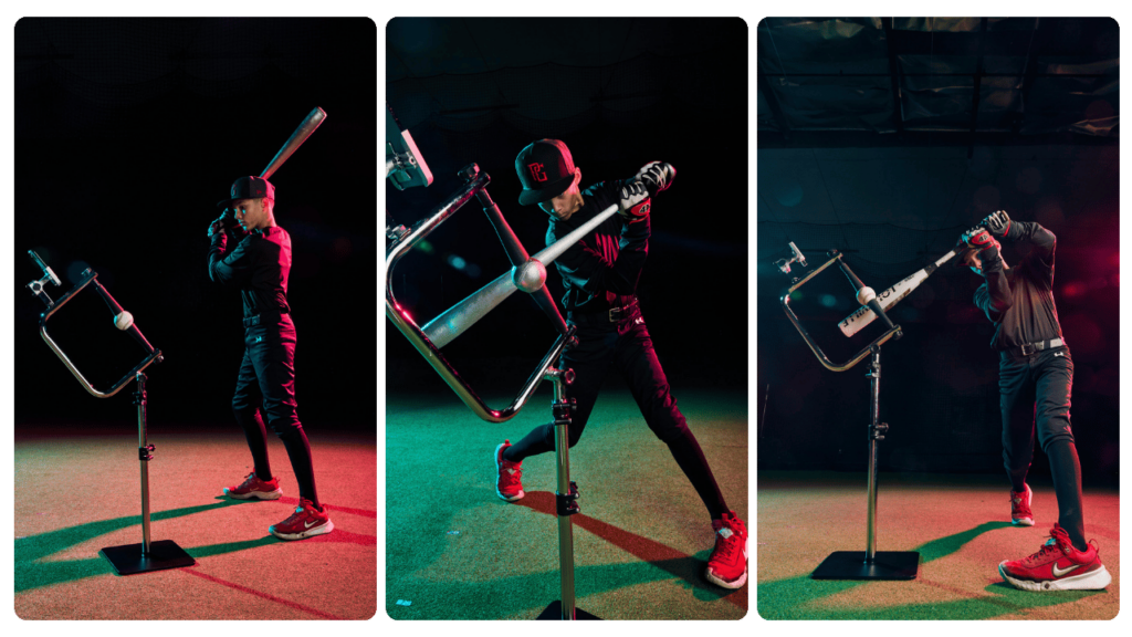 Young athlete practicing with the best batting tee for 6-year-old players, showing stance, swing, and follow-through using adjustable height and stable base.