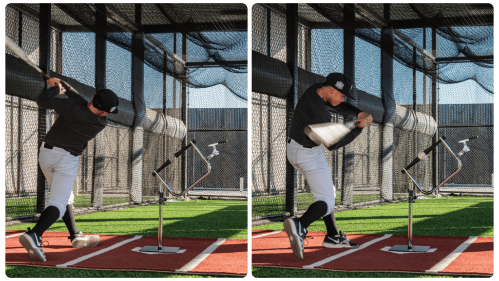 High school baseball player practicing swing with the best batting tee for high school players, featuring pro-level stability and bat-path training.