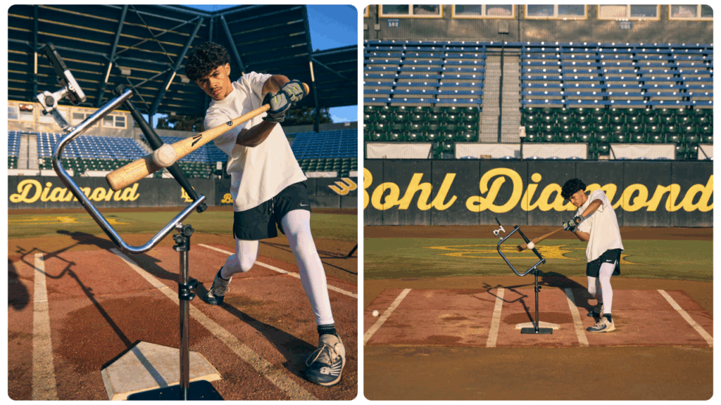 Teen baseball player practising with tee for improving youth baseball swing, focusing on bat-to-ball contact and proper mechanics during outdoor field training.