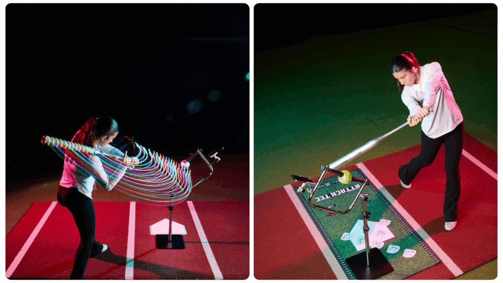 Female athlete practising with batting tee for youth development in baseball, showing bat swing path motion trails and precision contact drills on an indoor training field.