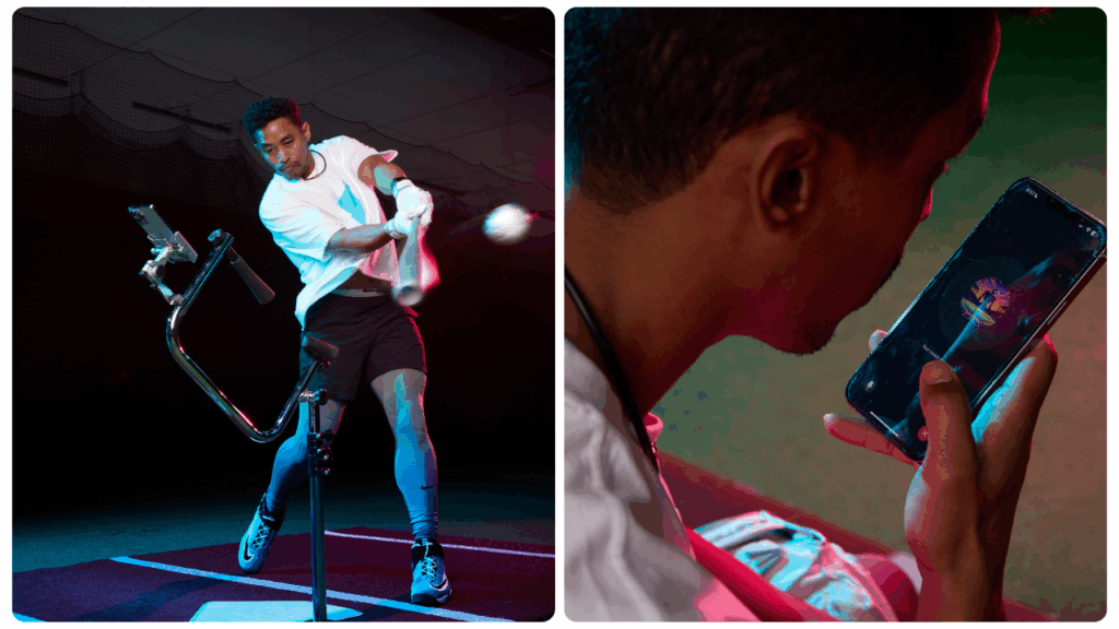 Player training with a new baseball batting tee and reviewing swing data on a smartphone for real-time feedback