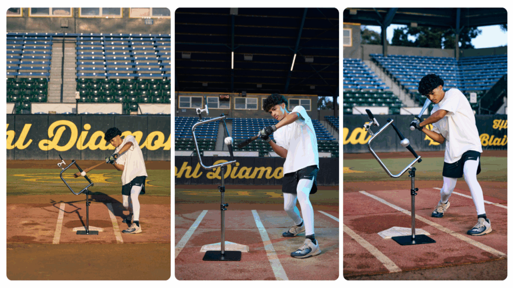 Baseball player demonstrating multiple swing angles using the Attack Tee, the best baseball tee for 12-year-old players, designed for adjustable bat path training and consistent hitting practice.