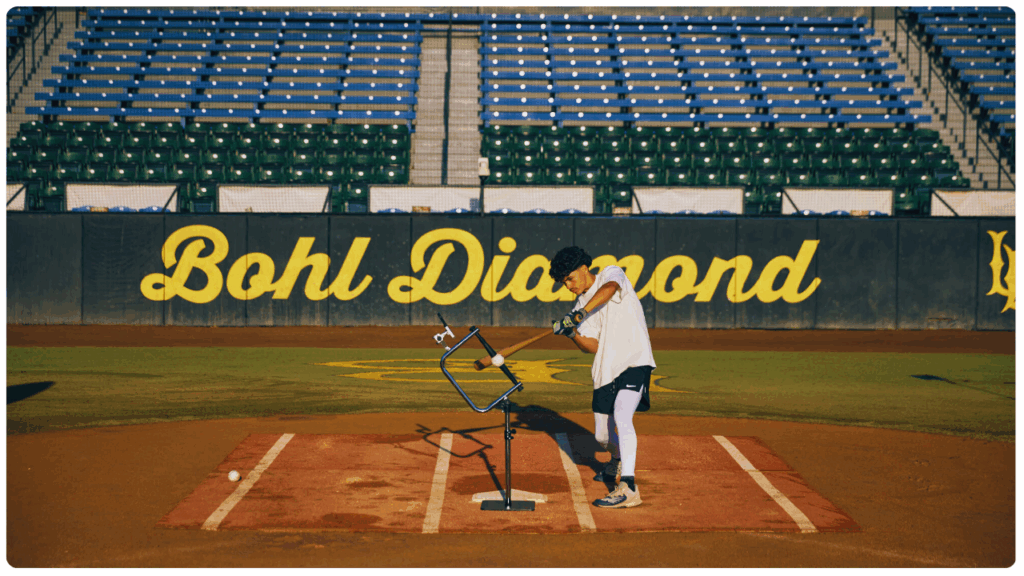 Proper tee placement for baseball illustrated on a hitting mat, showing ideal contact zones for inside, middle, and outside pitches at varying heights