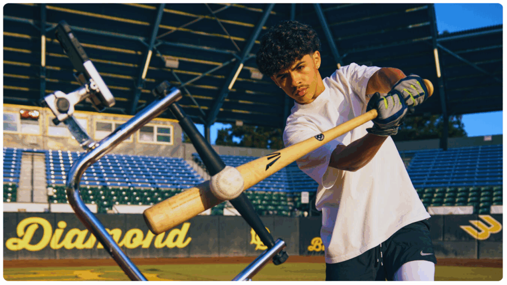 Teen baseball player practicing swing with the Attack Tee, the best baseball tee for 12-year-old players, featuring adjustable height and durable construction for improved bat path training.