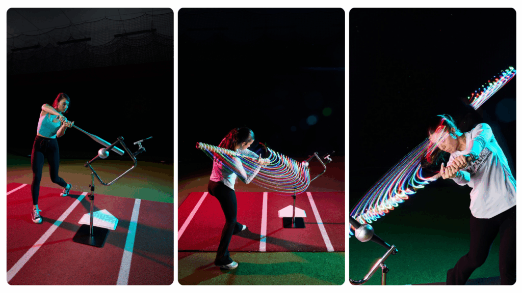 Middle school player using a baseball tee with motion tracking to refine swing mechanics, demonstrating bat path and contact point training for skill development.